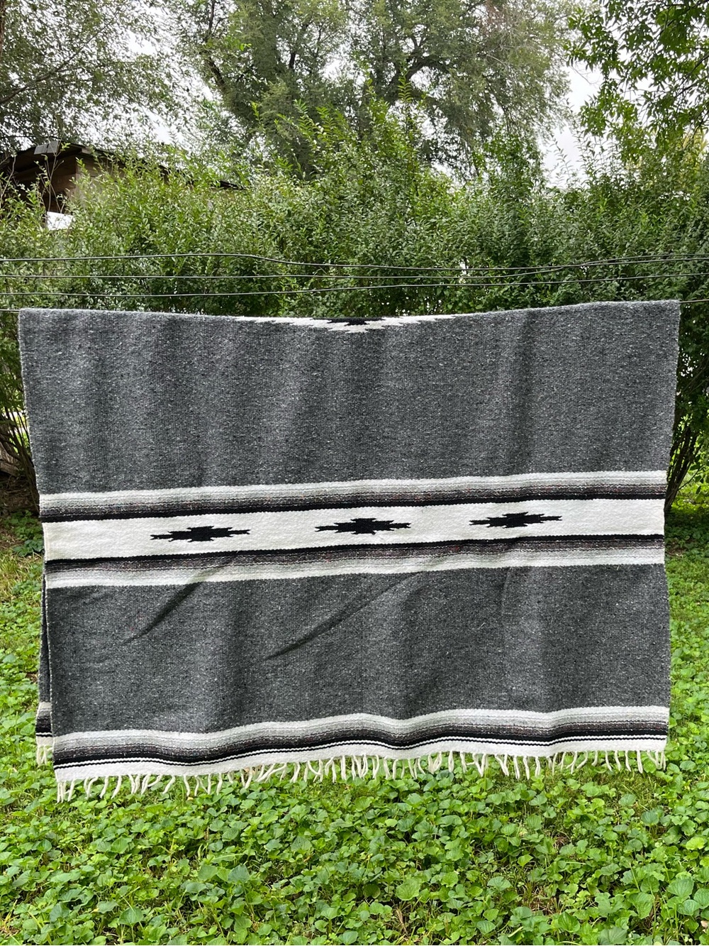 Vtg Mexican Falsa Blanket Textiles Gray Black White Aztec Southwestern 51”x73”